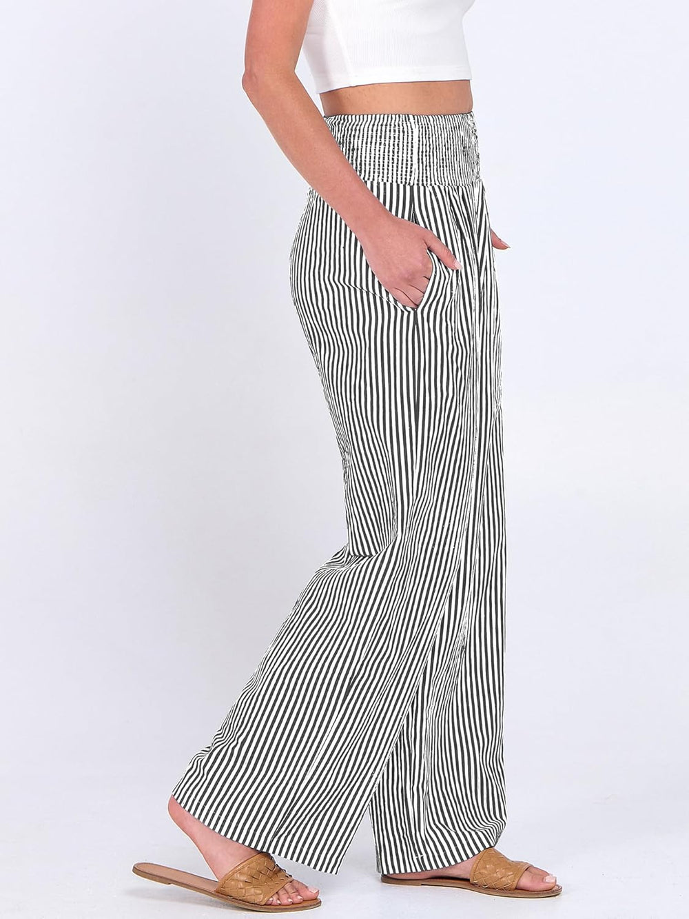 Léah Women's Pants – Striped High-Waisted Palazzo Pants with Pockets Summer