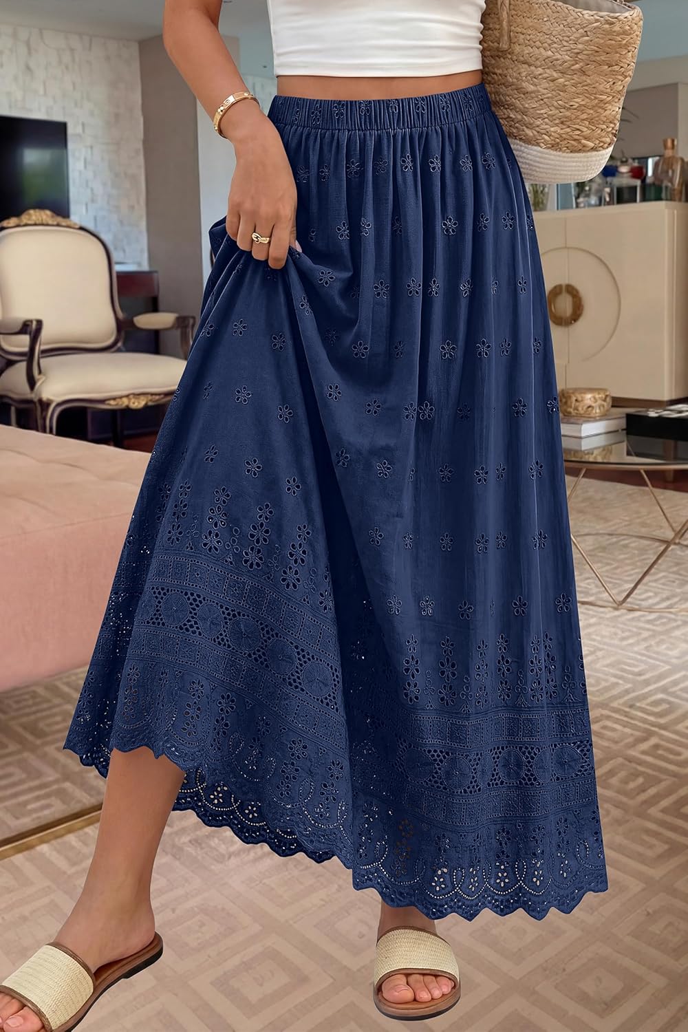 Marie Dowerme Women's Maxi Skirt – High Waist Elastic, Bohemian Embroidered Cotton A-Line