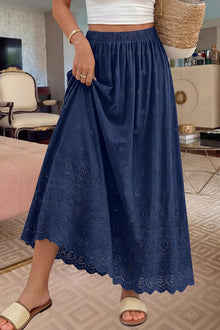 Marie Dowerme Women's Maxi Skirt – High Waist Elastic, Bohemian Embroidered Cotton A-Line