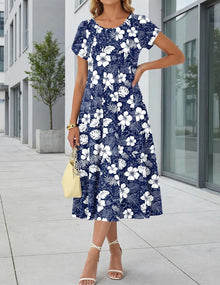Amyrose Midi A-Line Dress for Women – Lightweight Summer Dress with Puff Sleeves & Pockets