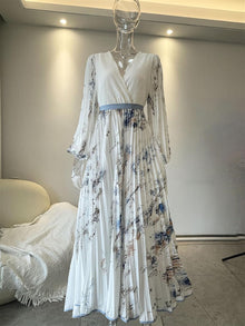 Amélie Women's Dress – Floral Maxi Dress V-Neck Belted Bohemian Elegant Wedding