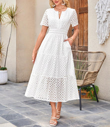 Clara Women's Dress – Maxi Dress with English Embroidery, V-Neck, High Waist, Bohemian Summer
