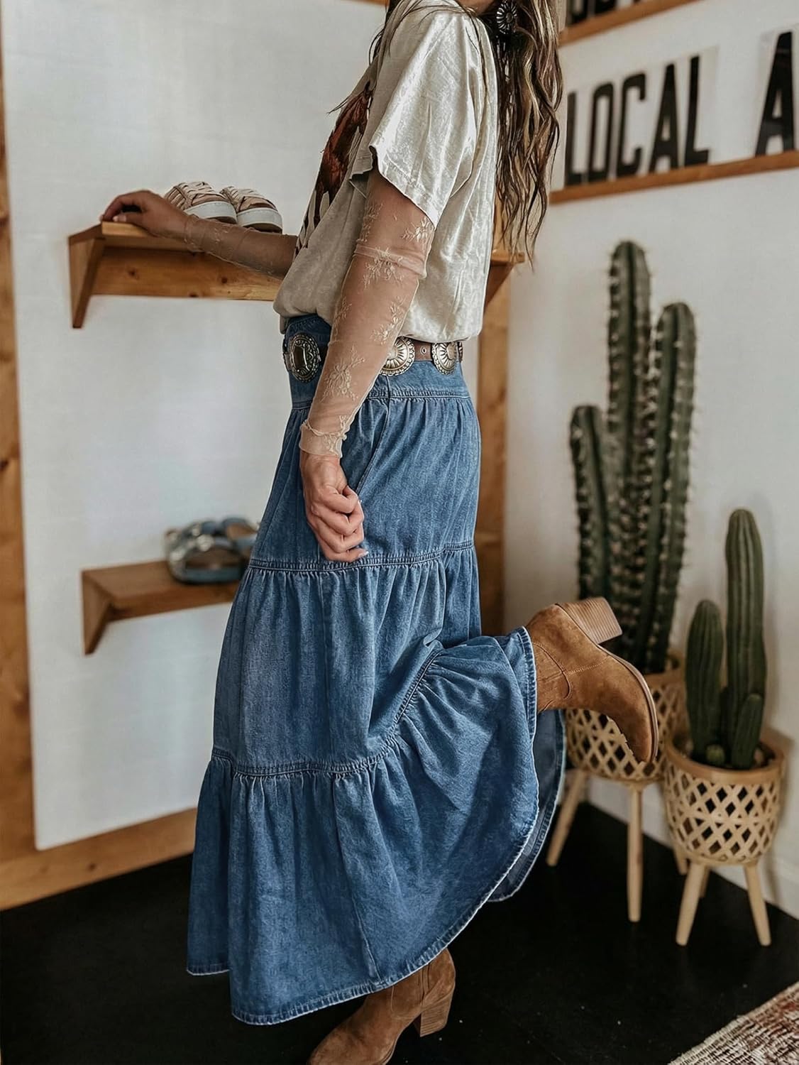 Verna Women's Jean Skirt – High Waist Maxi Denim Skirt, Ruffles & Pockets