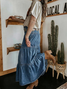 Verna Women's Jean Skirt – High Waist Maxi Denim Skirt, Ruffles & Pockets