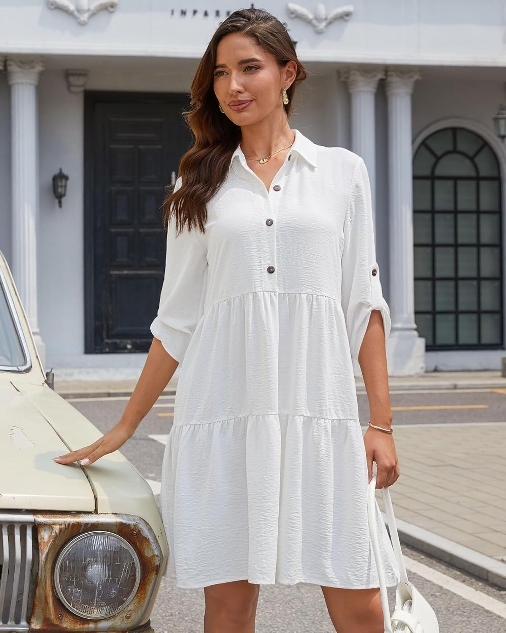 Léa Women's Shirt Dress – Summer Button-Down A-Line Dress with Ruffles and 3/4 Sleeves