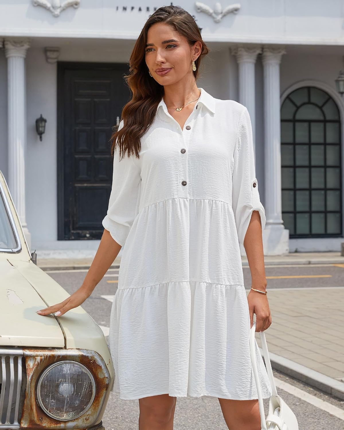 Léa Women's Shirt Dress – Summer Button-Down A-Line Dress with Ruffles and 3/4 Sleeves