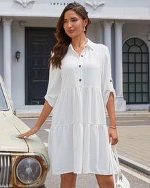 Léa Women's Shirt Dress – Summer Button-Down A-Line Dress with Ruffles and 3/4 Sleeves