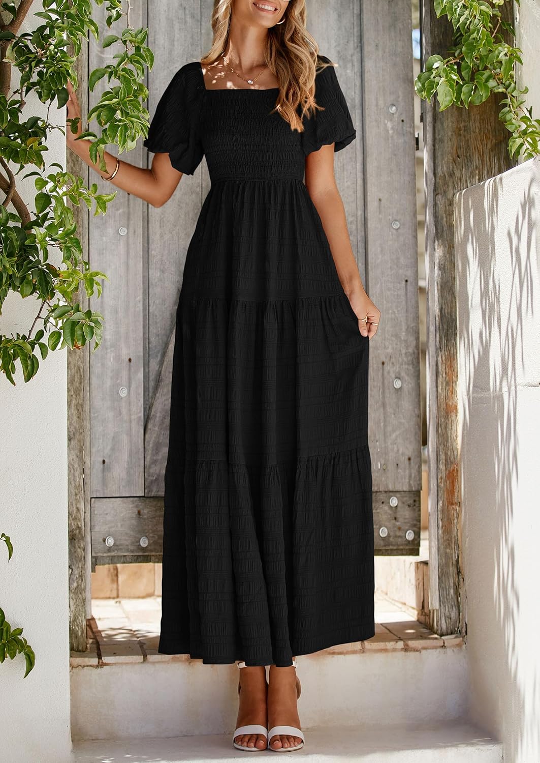 Reese Maxi Dress for Women Summer – Square Neck Smocked Dress, Puff Sleeves & Flowing Ruffles