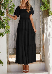 Reese Maxi Dress for Women Summer – Square Neck Smocked Dress, Puff Sleeves & Flowing Ruffles