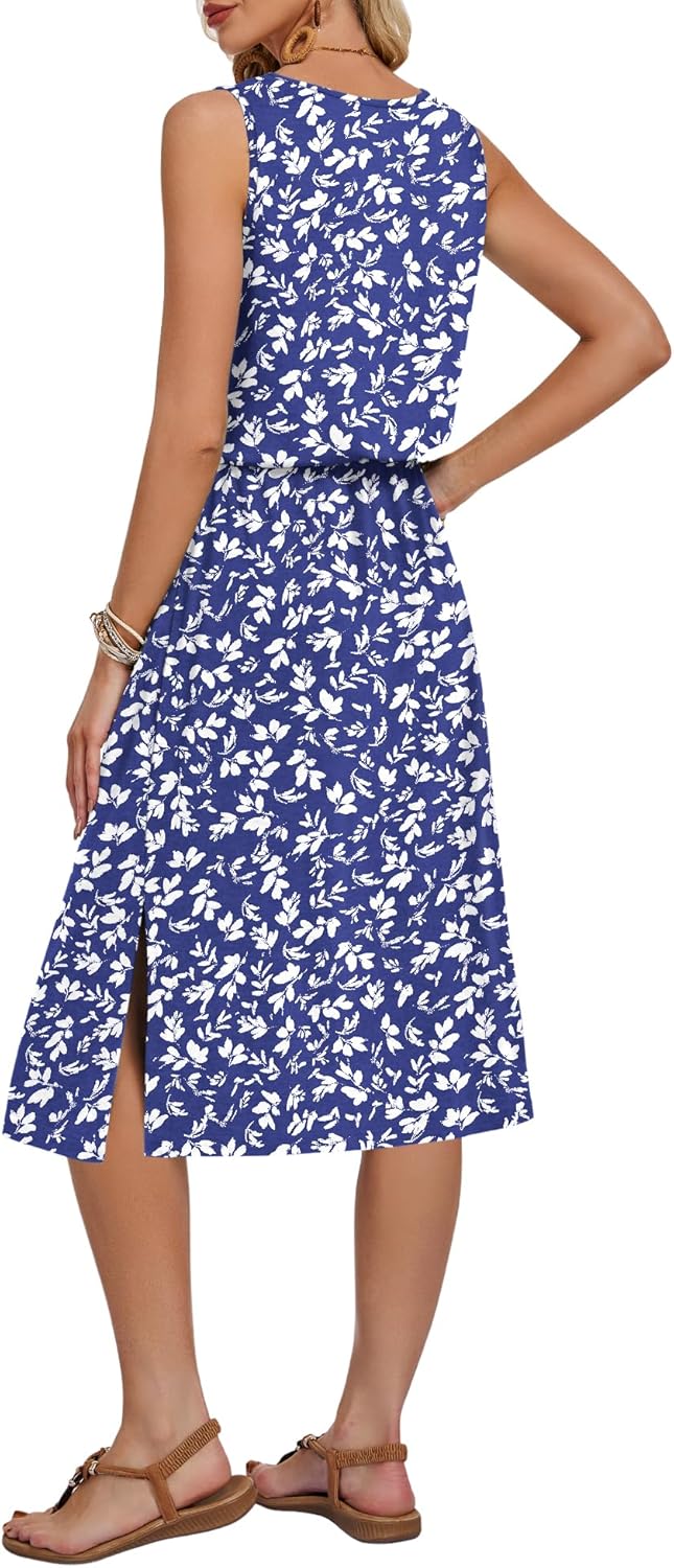 Léa Women's Dress – Sleeveless Midi Dress with Round Neck, Slit, Pockets, Adjustable Waist, Summer