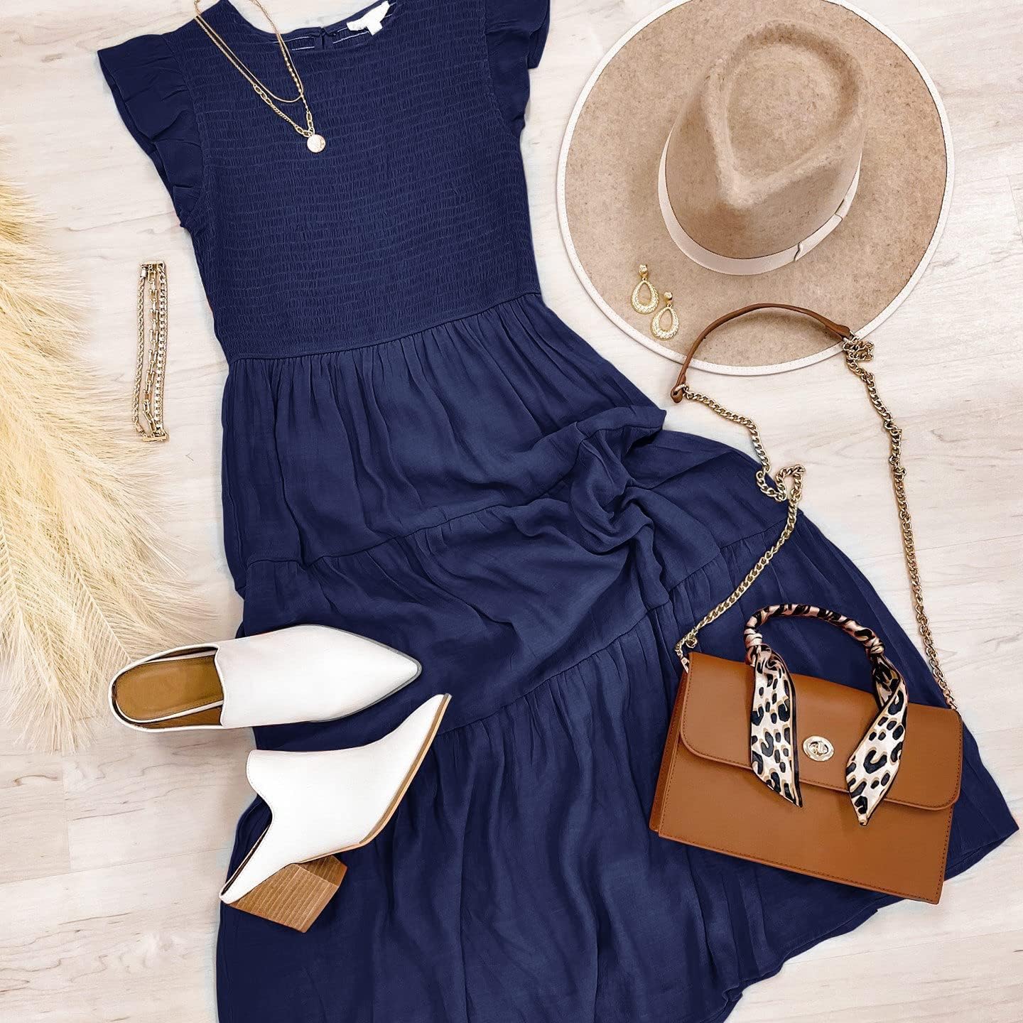 Louise Midi Dress for Women – Summer Smocked Dress with Flounce Sleeves, Elegant A-Line Cut