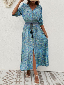 Liezl Women's Bohemian Floral Dress – V-Neck Wrap, Flowing Midi, 3/4 Sleeves