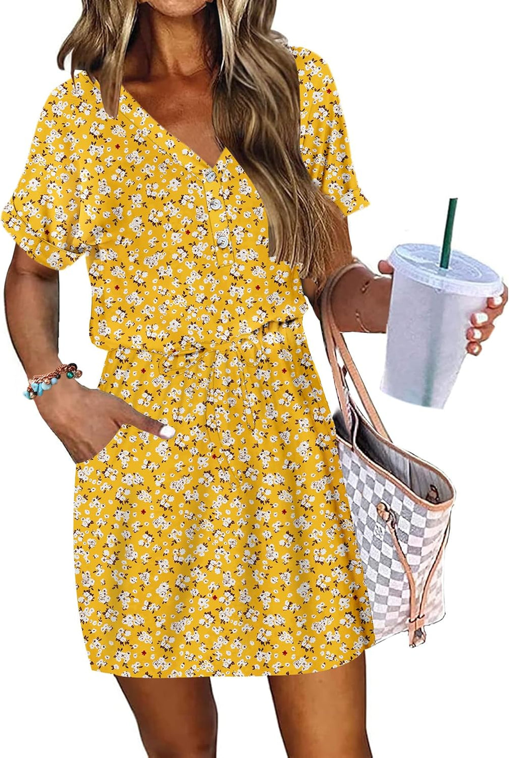 Adelaida Women's Short Summer Dress – V-Neck Dress with Buttons, Tied Belt & Casual Pockets