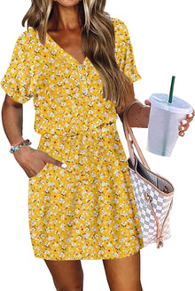 Adelaida Women's Short Summer Dress – V-Neck Dress with Buttons, Tied Belt & Casual Pockets
