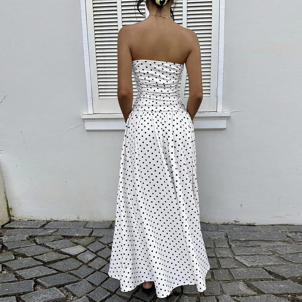 Sophie Women's Dress – Elegant Summer High-Waisted Polka Dot Strapless Maxi Dress