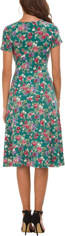 Léonie Women's Floral Midi Dress – Flared Dress with Short Sleeves and Round Neck for Summer