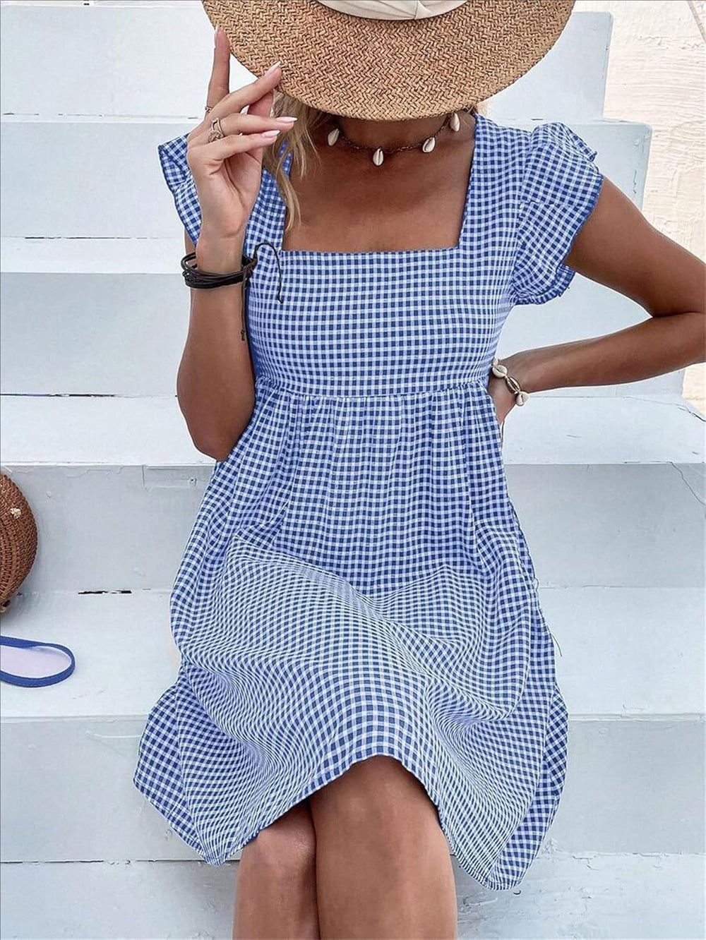 Lily Women's Robe – Midi Plaid Dress with Square Neck, Smocked, Ruffles, A-Line Summer Dress