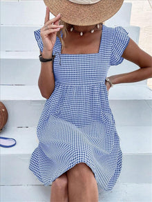 Lily Women's Robe – Midi Plaid Dress with Square Neck, Smocked, Ruffles, A-Line Summer Dress