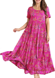 Laurice Women's Bohemian Maxi Dress – Long Floral Dress with Short Sleeves, High Waist & Pockets