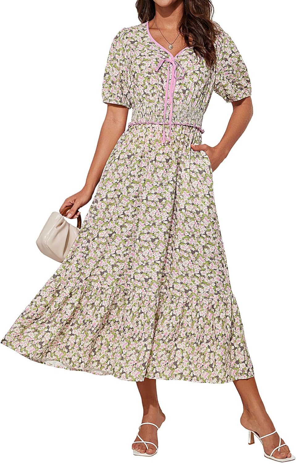 Tasha Midi Dress for Women – V-Neck, Smocked Waist & Elegant A-Line Summer Cut