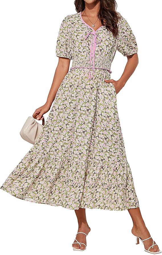 Tasha Midi Dress for Women – V-Neck, Smocked Waist & Elegant A-Line Summer Cut