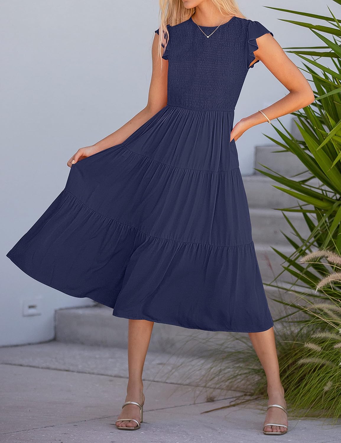 Louise Midi Dress for Women – Summer Smocked Dress with Flounce Sleeves, Elegant A-Line Cut