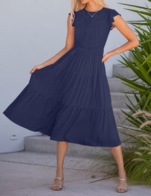 Louise Midi Dress for Women – Summer Smocked Dress with Flounce Sleeves, Elegant A-Line Cut