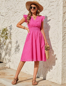 Élise Women's Midi Cotton Dress – Bohemian V-Neck Dress with Ruffles and Pockets