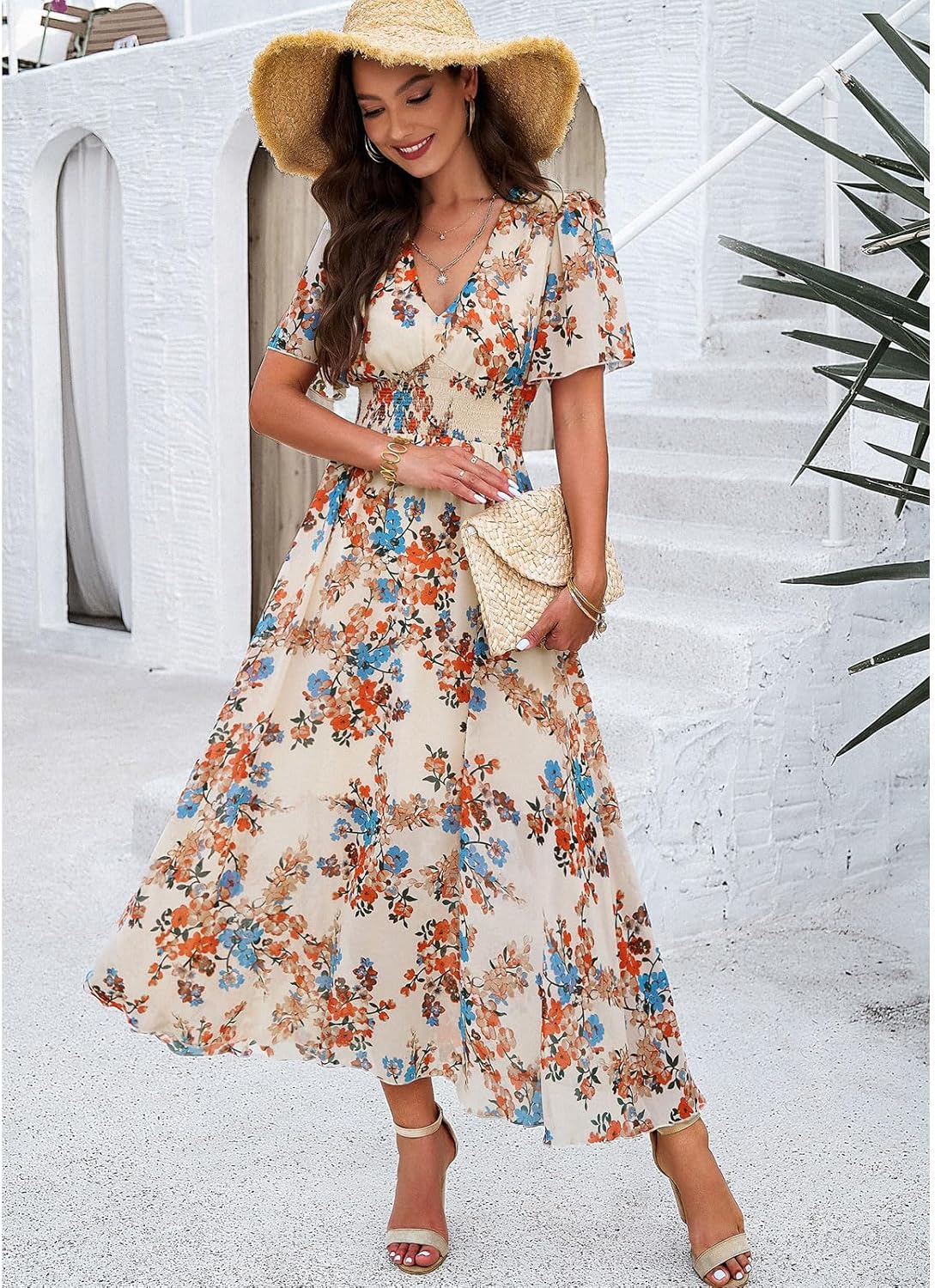 Dianne Women's Floral Dress – V-Neck, Short Sleeves, Flowing Cut, Casual Summer