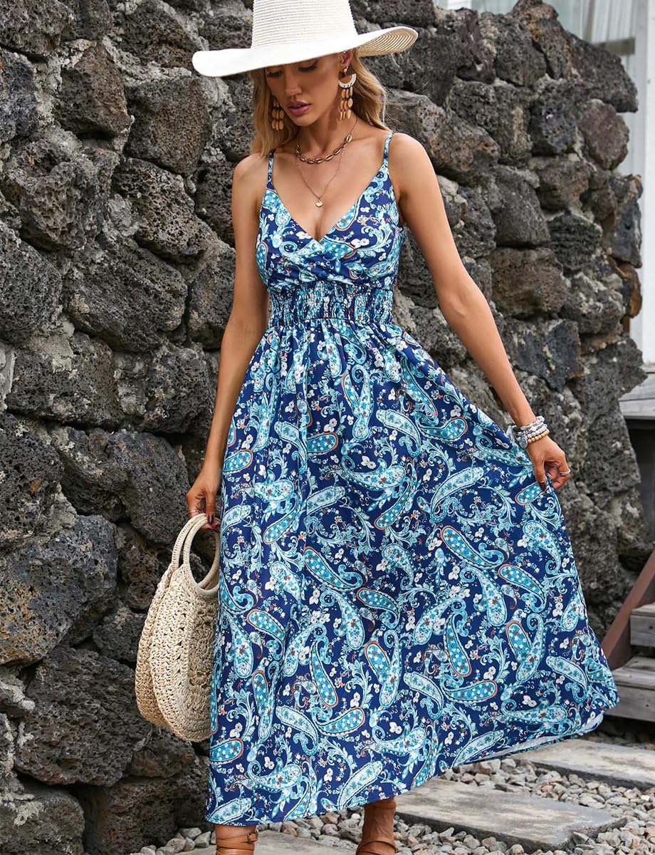 Léa Women's Summer Dress – Elegant Bohemian Floral Dress with Straps and V-Neck for the Beach