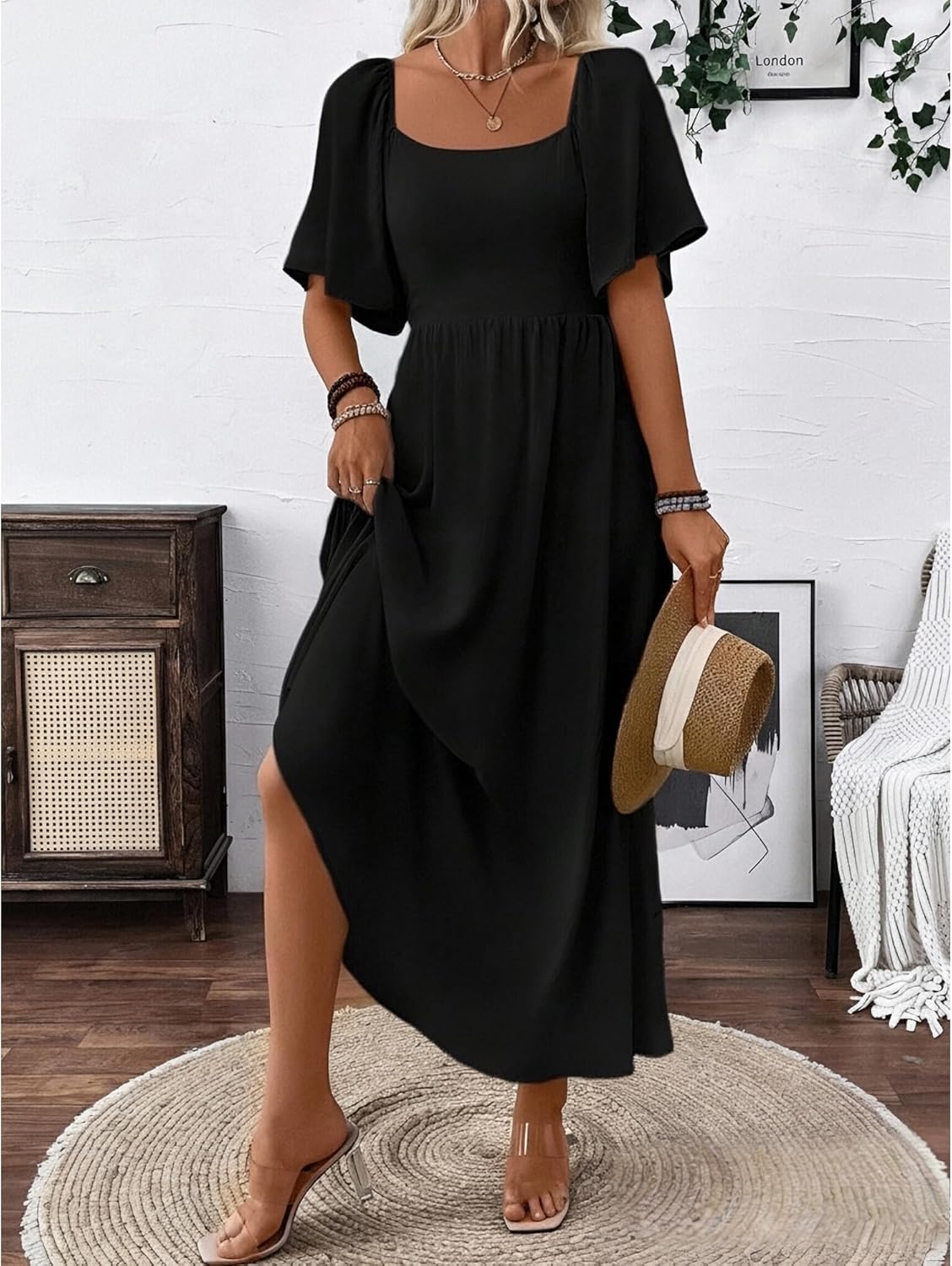 Patricia Women's Maxi Dress – Square Neck, Flowing A-Line Cut, Summer Batwing Sleeves