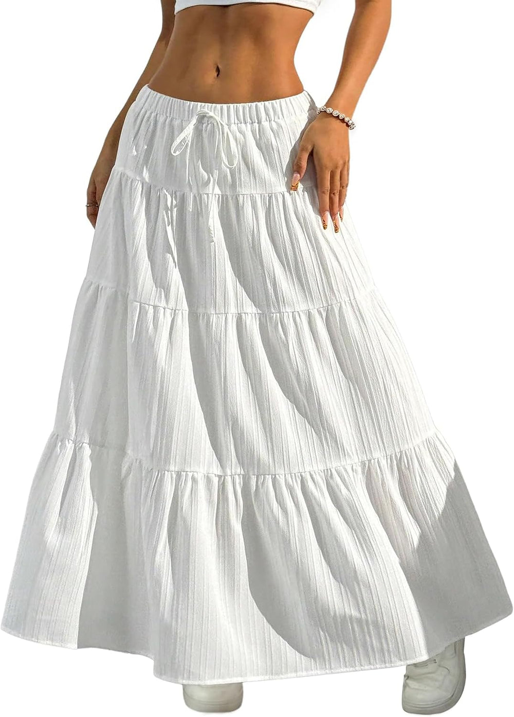 Dori Maxi Skirt for Women – White Bohemian Ruffled High-Waist A-Line Skirt