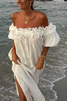 Valentina Maxi Dress Woman – Boho Dress Off-Shoulder Cotton with Ruffles & Bardot Neckline