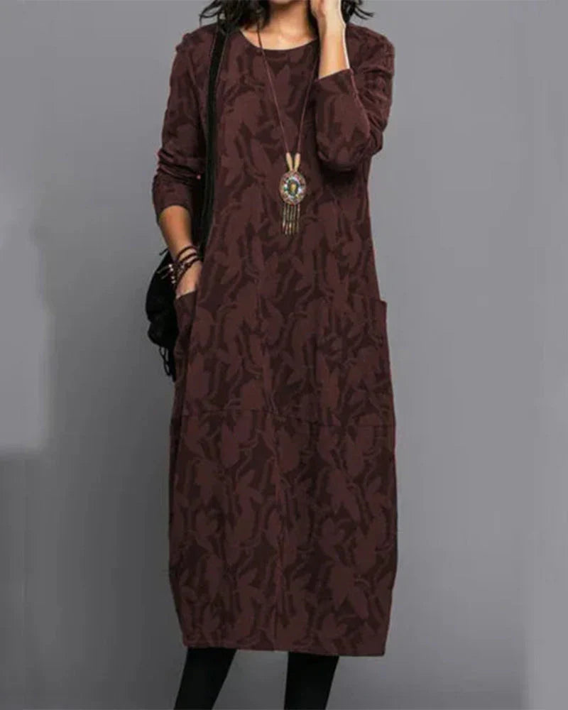 Isabella Robe Longue Femme – Comfortable Fleece Dress with Long Sleeves, Pockets and Trendy Floral Pattern