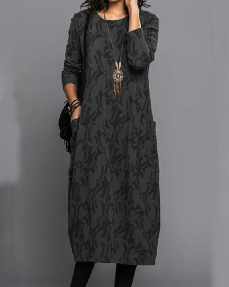 Isabella Robe Longue Femme – Comfortable Fleece Dress with Long Sleeves, Pockets and Trendy Floral Pattern