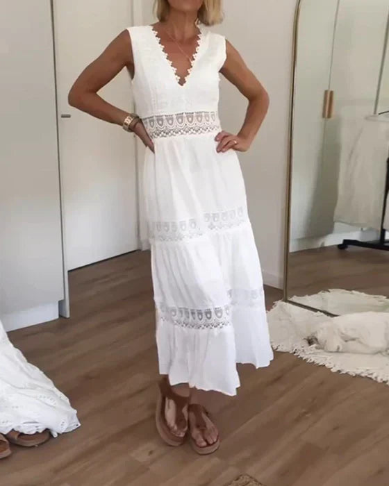 Benelyn Robe Maxi Femme – White Boho Dress in Light Cotton with Delicate Lace Details