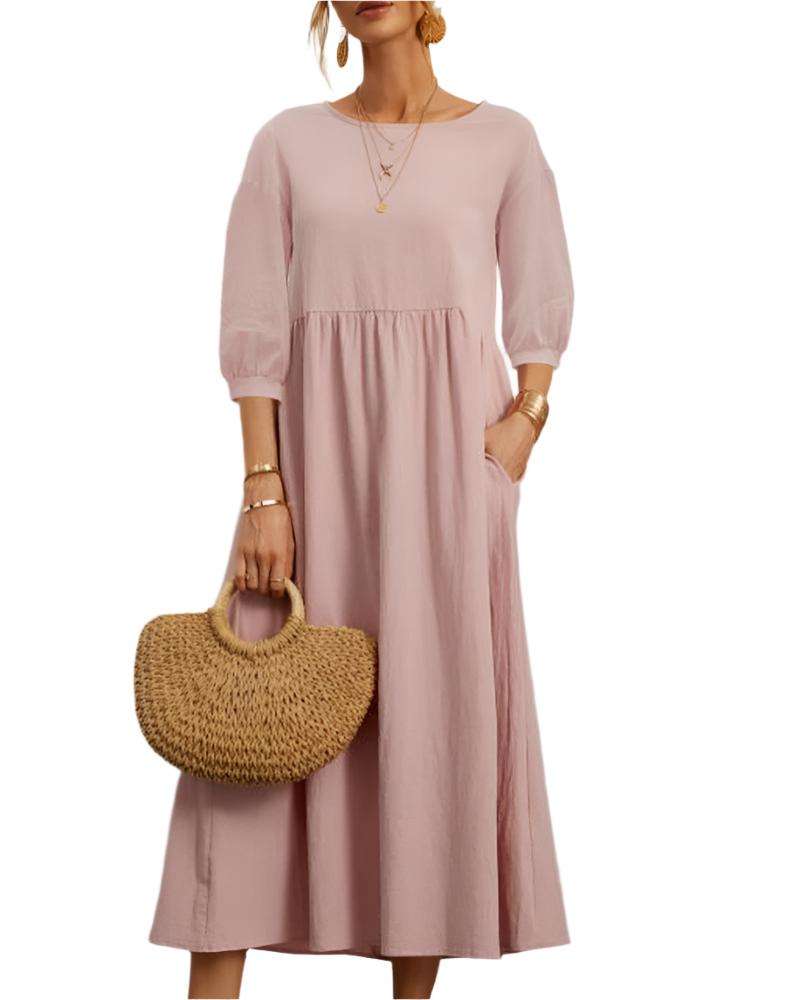 Flore Midi Dress Women – Breathable Cotton Linen, Round Neck, Lantern Sleeves, Summer Comfort