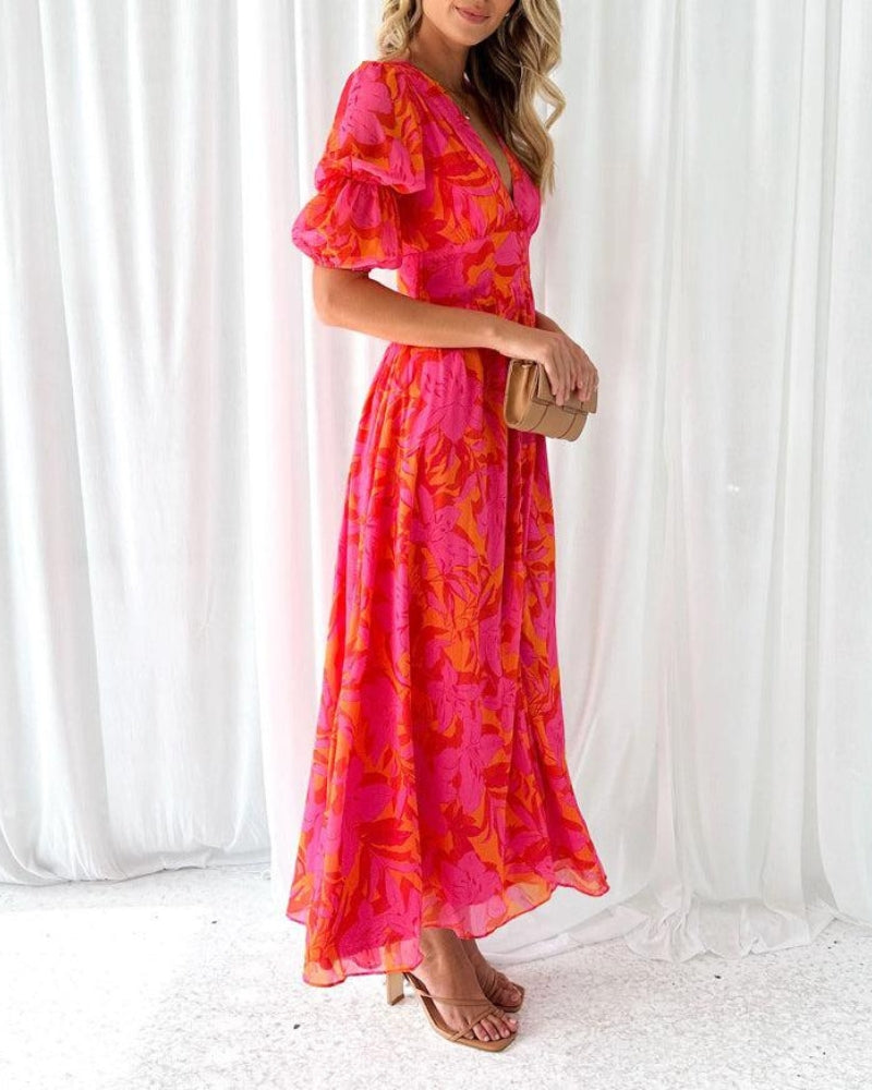 Dorothy Classic Dress Woman – V-neck & Puff Sleeves in Elegant Red Pink