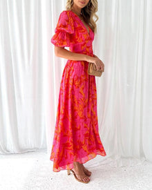 Dorothy Classic Dress Woman – V-neck & Puff Sleeves in Elegant Red Pink
