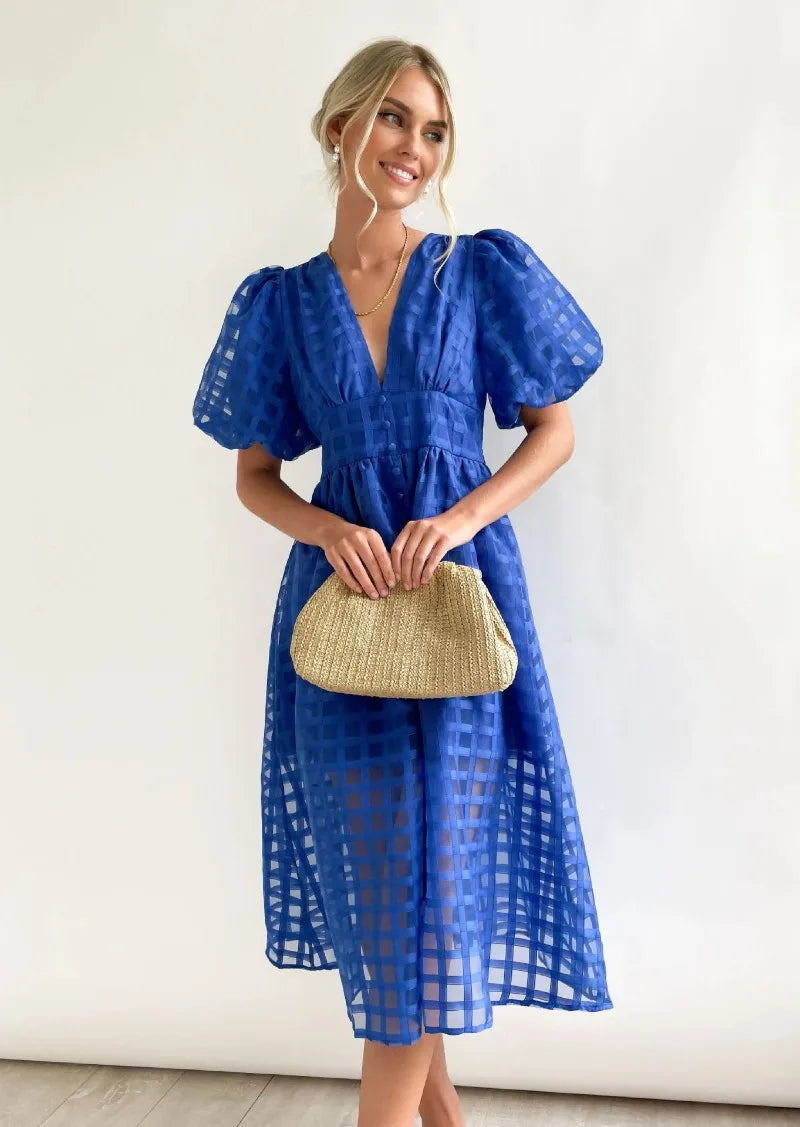 Mylene Midi Dress Woman – Chic Checkered Dress with Volume & Bright Color