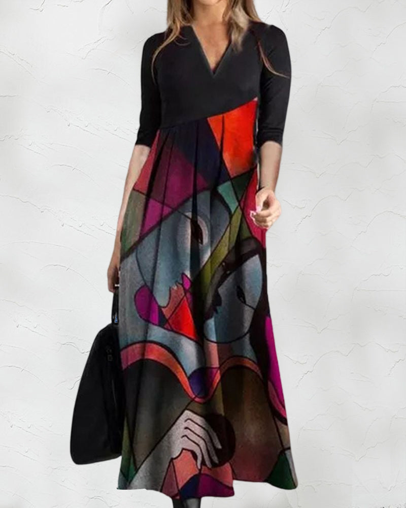 Robe Femme Nina – Elegant Flared Dress with Long Sleeves with Color Block Pattern & Refined Pleats