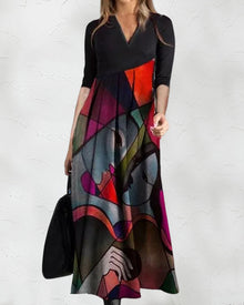 Robe Femme Nina – Elegant Flared Dress with Long Sleeves with Color Block Pattern & Refined Pleats