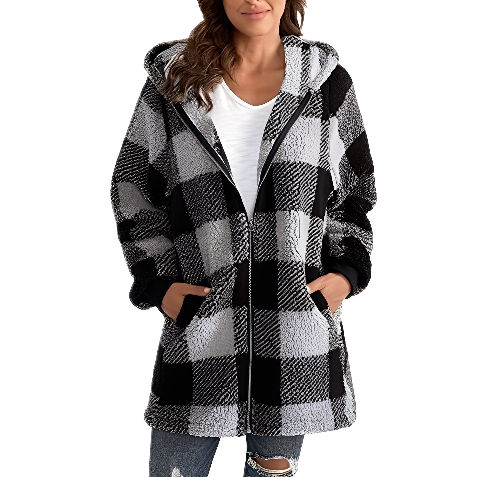 Madison Plaid Hoodie Jacket for Women – Soft and Warm Coat with Comfortable Fit and Trendy Plaid Design