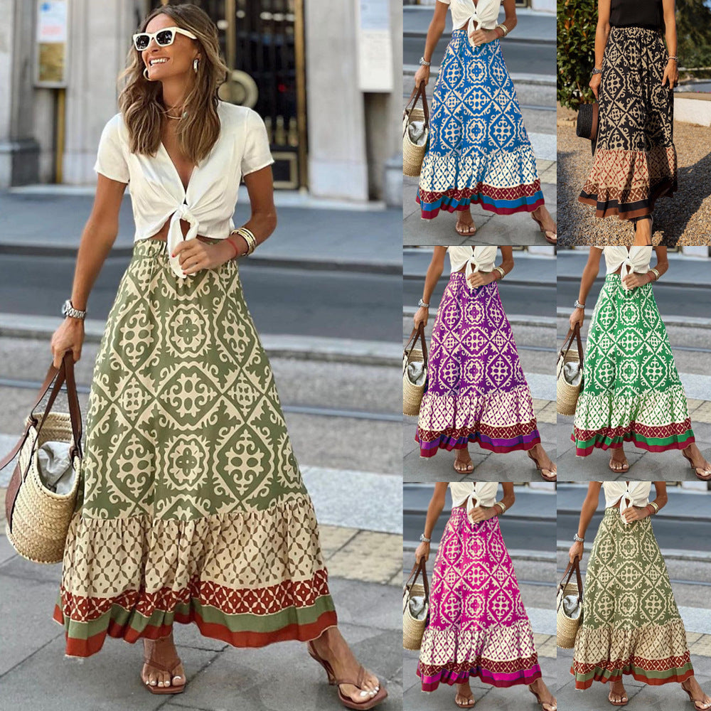 Alice Long Skirt Women – Flowing Skirt with Geometric Pattern and Comfortable Elastic Waistband