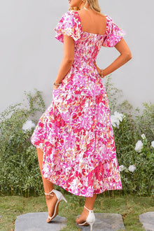 Juanna Midi Dress for Women Summer – Square Neck Smocked Dress with Puff Sleeves & Ruffles