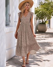 Mélanie Women's Midi Dress – Floral V-Neck Dress with Pockets, Elegant & Comfortable Fit