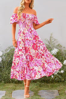 Juanna Midi Dress for Women Summer – Square Neck Smocked Dress with Puff Sleeves & Ruffles