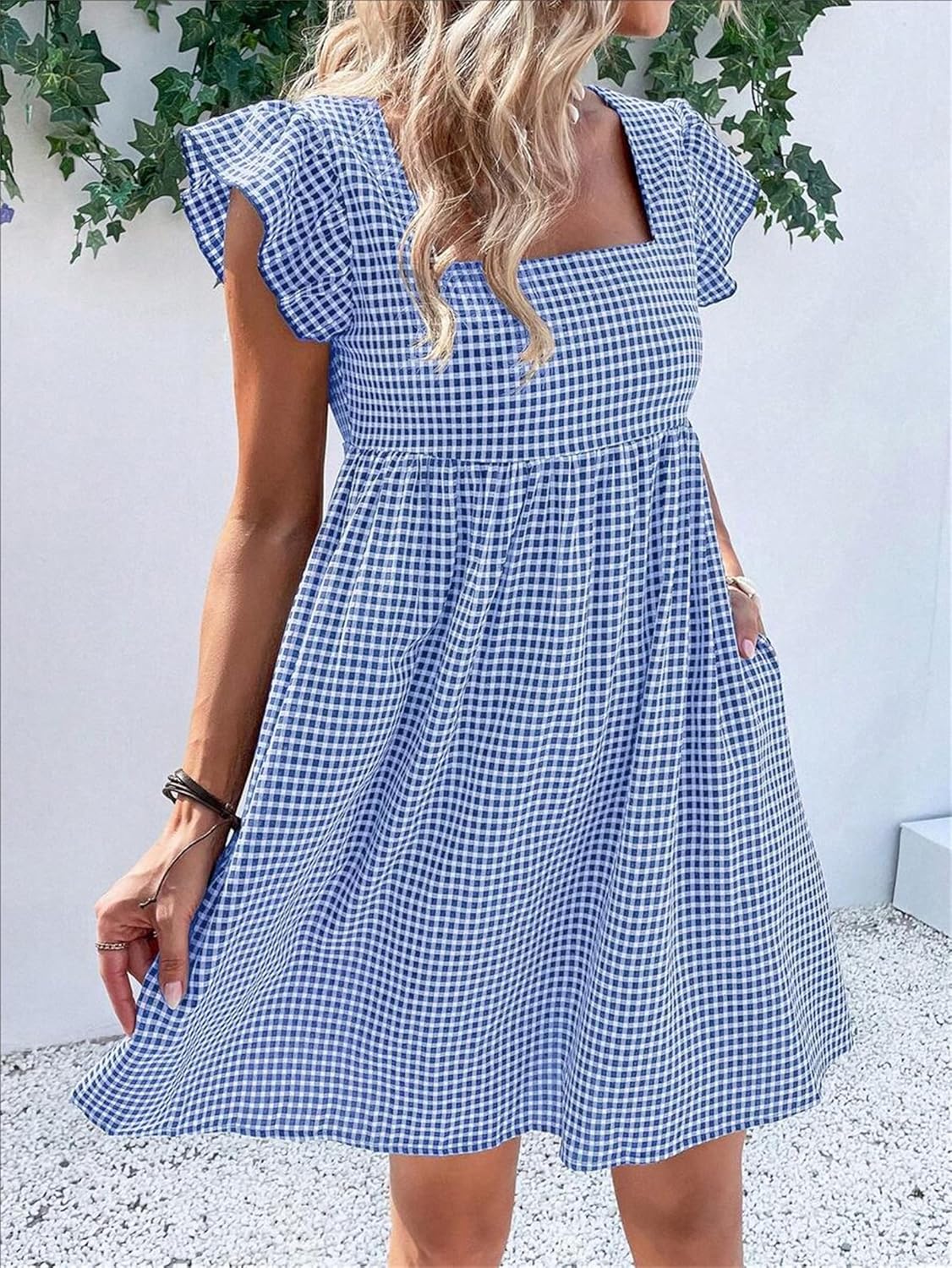 Lily Women's Robe – Midi Plaid Dress with Square Neck, Smocked, Ruffles, A-Line Summer Dress