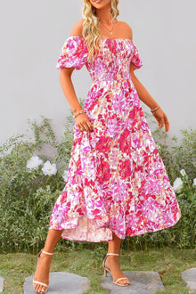 Juanna Midi Dress for Women Summer – Square Neck Smocked Dress with Puff Sleeves & Ruffles