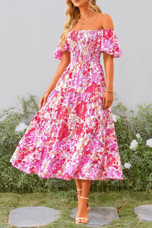 Juanna Midi Dress for Women Summer – Square Neck Smocked Dress with Puff Sleeves & Ruffles